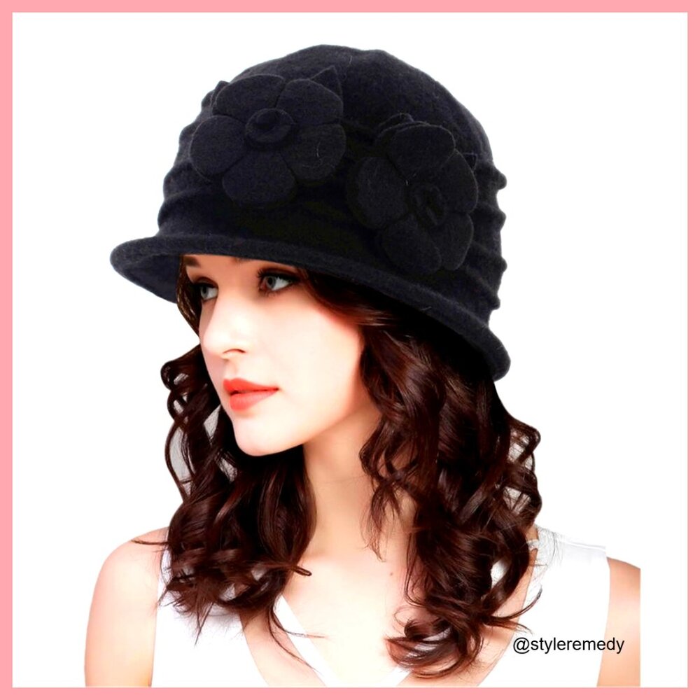 Wool Felt Vintage Cloche Fedora Derby Hat with Bow Adjustable